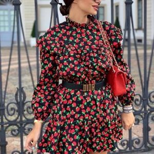 Zara poplin floral ruffle dress xsmall nwt black red
